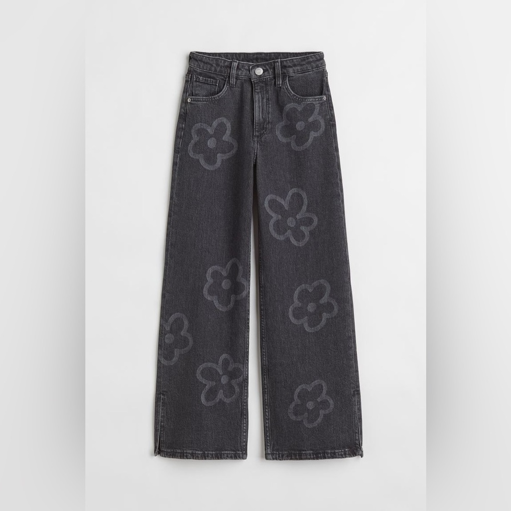 H&M Wide Fit Jeans, Black with Floral Pattern